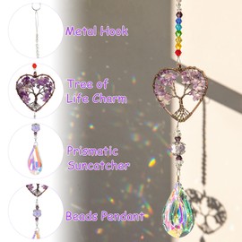 Tree of Life, Suncatch Krista, Hanging Suncatcher with Heart-Shaped Crystal Hanging Ornament Chakra, Rainbow Crystal Suncatcher for Outdoor Ramadan Decoration, Wedding, Party