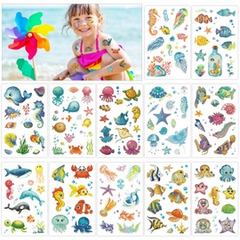 Konsait 12 Sheets Sea Animals Tattoos - Glitter Under the Sea Tattoos for Children, Tropical Sea Life Animal Temporary Tattoos, Shark Octopus Starfish Fake Tattoos, Under the Sea Party Items