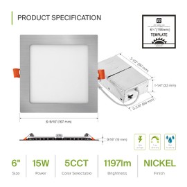 ASD 6 Inch Ultra Thin Square LED Recessed Lighting Brushed Nickel, 5 CCT 2700K-5000K, 15W 60W Eqv, Dimmable Canless Ceiling Square Downlight with J-Box, 1197Lm High Brightness - UL Energy Star 6 Pack