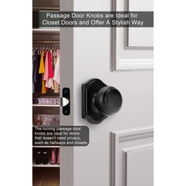 goldenwarm Interior Door Knob, 3 Pack Matte Black Passage Hardware Handle, Classic Decorative Closet Door Knobs for Hallway, 6x3 inches, Stainless Steel, Reversible, Ambidextrous