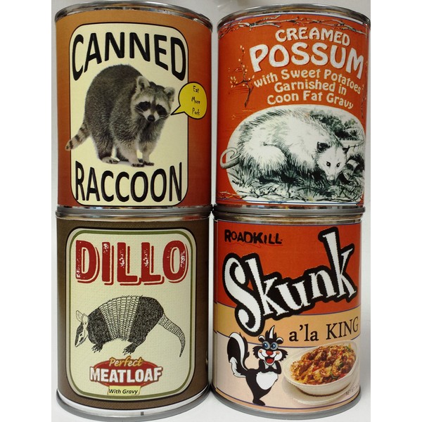 Gag Canned Meat Combo Pack II: Creamed Possum, Raccoon, Dillo and Skunk