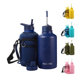 FAHRMOSIS 64 Oz Insulated Water Bottle with Strap Stainless Steel Sports Water Bottle with 3 Lids (Straw, Chug and Flip Lid) Leak Proof Metal Half Gallon Jug for Men & Women - Navy Blue