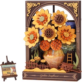 Wowood 3D Wooden Puzzles for Adults - Van Gogh Golden Sunflower DIY Model Building Kits with LED Light - Home Decor, Wall Art & Unique Creative Gifts for Art Lovers
