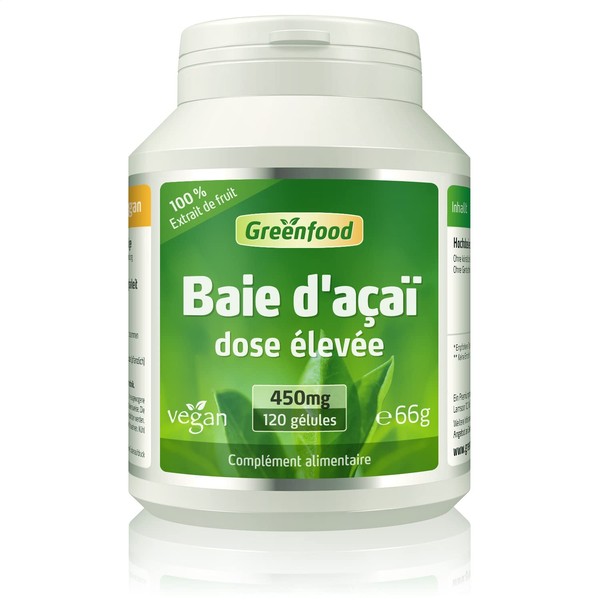 Greenfood Baie d'açai, 450 mg, extrait (30:1), 120 gélules - Sans additifs artificiels. Sans génie génétique. Vegan