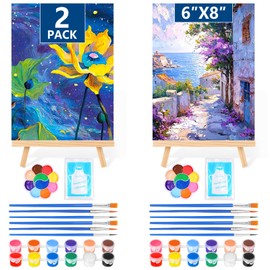 24 PCS Acrylic Paint Set, 2Pack Art Canvas with Easel Stand, 12 Acrylic Paints, 14 Brushes, Palettes, Aprons -Beginner Painting Kit, Mini Painting Canvas with Easel Set, Painting Kits for Adults Party