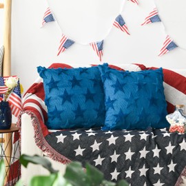 AVOIN colorlife 4th of July Stars Blue Patriotic Throw Pillow Covers, 18 x 18 Inch Independence Memorial Day Soft Plush Faux Fur Jacquard Cushion Case Decoration for Sofa Couch Set of 2