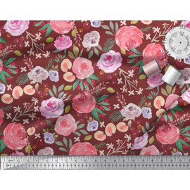 Soimoi Red Cotton Canvas Fabric Leaves & Floral Watercolor Decor Fabric Printed BTY 42 Inch Wide