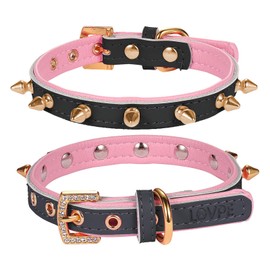 LOVPE Cat Collar/Dog Collar Golden Spiked Studded Double Layer Leather Pet Collars with Golden Rhinestone Buckle for Cats Puppy Small Medium Dogs (S(Neck for:11-13 Inch), Black/Pink)