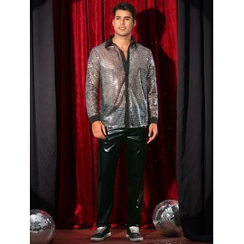 Lars Amadeus Sequin Silver Shirts for Men's 70s Disco Mesh Metallic Sheer Party Shirts X-Large