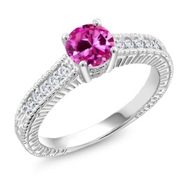 Gem Stone King 1.15 Ct Round Pink Created Sapphire E-F Lab Grown Diamond 925 Silver Engagement Ring (Size 9)
