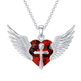 Flpruy Angel Wings Necklace with Cross Sterling Silver Guardian Angel Wings Pendant January Garnet Birthstone Necklace Christmas Birthday Angel Jewelry Gifts for Women
