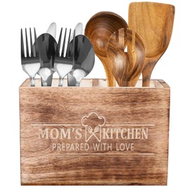CHEF'S UNIQUE Wooden Utensil Holder For Countertop - Durable Cooking Utensils Holder - large Rustic Countertop Kitchen Décor - Spatula Utensils And Spoons Organizer With Divider