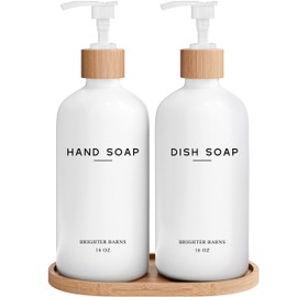 White Glass Hand and Dish Soap Dispenser Set by Brighter Barns - Kitchen Soap Dispenser Set with Tray - Liquid Soap Dispenser for Kitchen Sink - Housewarming Gift, Kitchen Decor, Boho Decor (White)