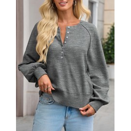 Saodimallsu Womens Button Crew Neck Sweater Fall Long Sleeve Henley Shirts Trendy Loose Knit Pullover Tops Grey