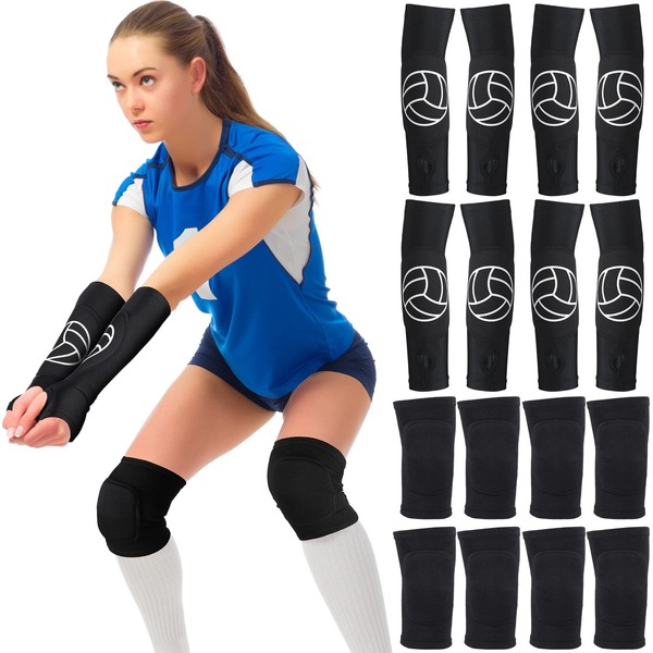 Volleyball Knee Pads and Volleyball Arm Sleeves Volleyball Pad Volleyball Accessories Stuff Forearm Elbow Sleeve with Protection Pad Thumb Hole for Girl Women Teen Boy, Age 8-14 (Classic, 2 Pairs)