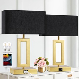 gernehop Black Table Lamps Set of 2 with Dual USB Ports,3-Way Dimmable Touch Control Bedside Lamps,Modern Bedroom Table Lamp for Living Room,Nightstand LED Bulbs Included
