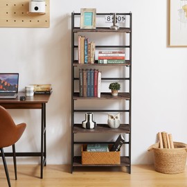 VECELO Folding Bookshelf, 5 Shelf Bookcase No Assembly, Industrial Metal Frame Shelves Rack Organizer for Living Room, Office,Walnut 1 Set