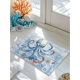 LEQIOLENNG Welcome Doormat, Nautical Sea Octopus Coral Non-Slip Front Door Mat Absorbent Bath Mats, Retro Blue Wood Grain Kitchen Rug Entrance Rugs for Bathroom Bedroom 16x24in