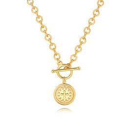 KOOUNUATA Dainty 18K Gold Chunky Link Water Droplet Chain Cross Coin Necklace for Women Toggle Clasp Necklace
