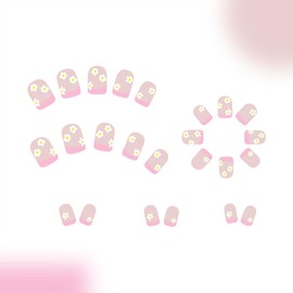 Pink French tip Press on Nails Short Square Fake Nails with Cute White Flower Design Glue on Nails Nude Stick on Nails Glossy Spring Nails Acrylic Summer False Nails for Women Girls Manicure 24 Pcs