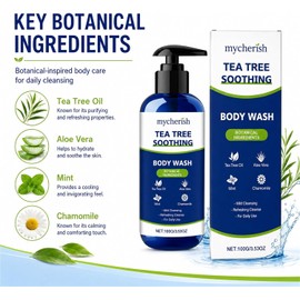 Gel Corporal de Árbol de Té con Ingredientes Botánicos Gel corporal botánico con árbol de té, aloe vera, menta y manzanilla para una limpieza diaria suave y refrescante.
