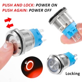 GUNGY Pressure Switch Waterproof 19 mm Switch 12-24 V 3A Locking Push Button Switch Brass 5 Pin with Red Ring LED Light for Car Boat Motorcycle Pack of 5