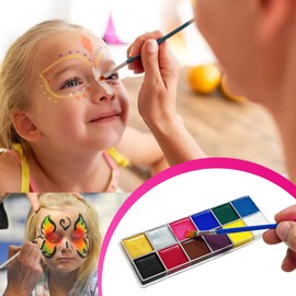 Clundoo Face Paint for Children and Adults, 12 Colours Children's Make-Up Set, Make-Up Colours, Makeup Palette with 4 Brushes and 40 Tattoo Templates