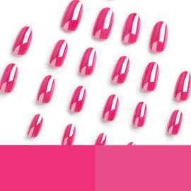 Hot Pink Press on Nails Almond Chrome Nails Press on False Nails with Designs Light Weight & Fit Perfectly Glossy Gel Acrylic Nails Glue on Nails Medium Length Electroplating Stick on Nails for Women