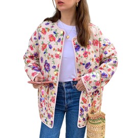Yimoon Women's Quilted Puffer Jacket Lightweight Floral Print Padded Coat Open Front Puffy Cardigan Outwear(Purple-M)