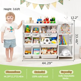 MallBest 4-Tier Kids' Toy Storage Organizer Shelf - 100% Solid Wood,Children's Storage Cabinet with 9 Plastic Bins and 3 Storage Ports(White-Single Color)