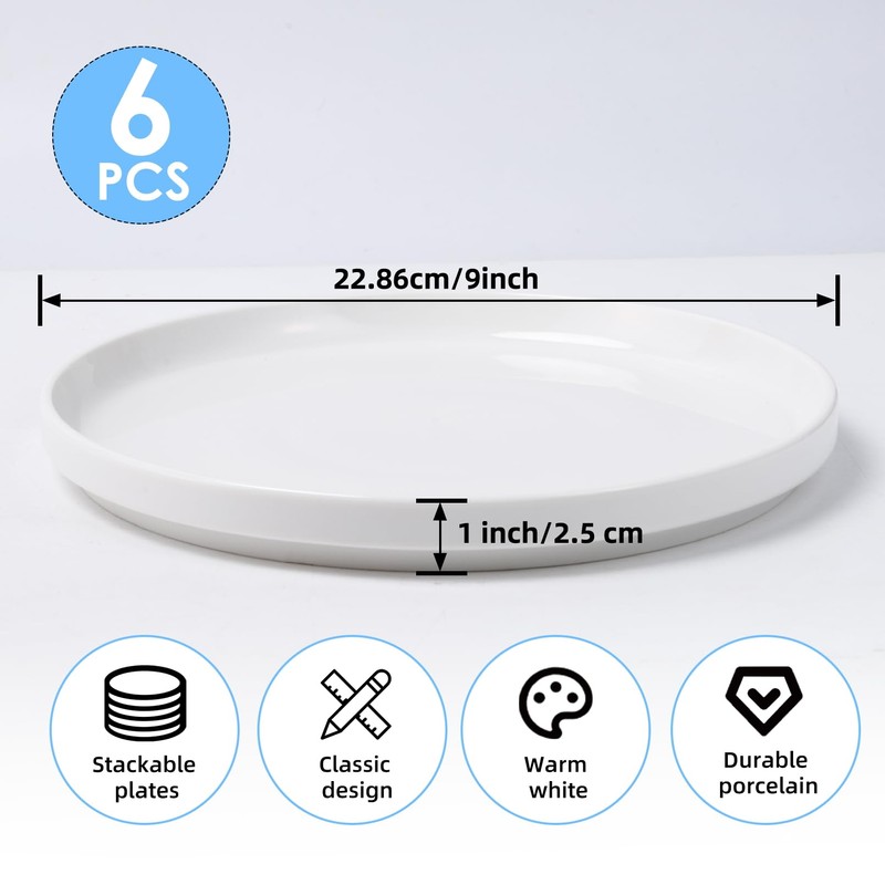 Dyrfolm 9 Inch White Dinner Plates Set of 6, Ceramic