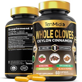 Whole Cloves Supplement - 6in1 with Cinnamon, Berberine, Dandelion, Oregano Oil & Black Pepper - Digestion Health - 60 Vegan & Non-GMO Capsules