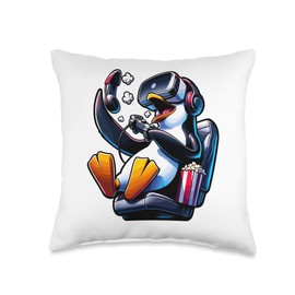 Gamer Penguin Popcorn Gaming Chair Headphones Games Player Throw Pillow