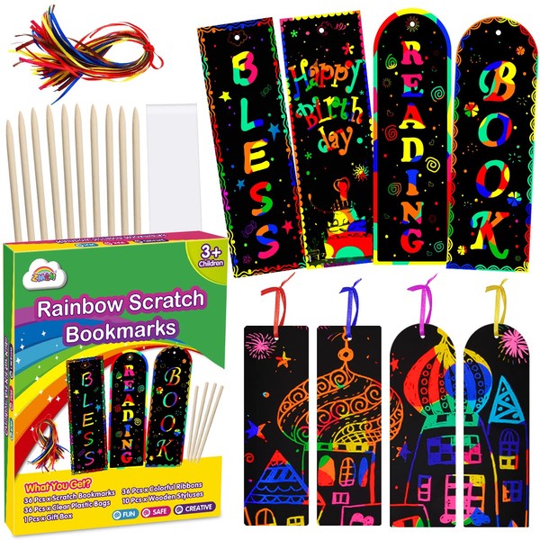 ZMLM Scratch Bookmarks for Kids: 36 Set Rainbow DIY Scratch Paper Art Craft Bookmark Pack Party Favor Activity Bulk Making Kit for Boys Girls Art Craft for Birthday Christmas Halloween