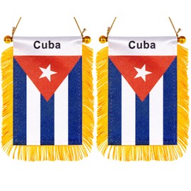 ZXvZYT 3 X 5 Inch Cuba Window Hanging Flag Cuban Small Mini Car Flags Banners Rearview Mirror Decoration - with Suction Cup & Golden Fringy Banner(2 Pack)