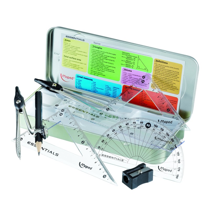 Maped 9 Piece Math Set, Includes 2 Metal Compasses, Storage