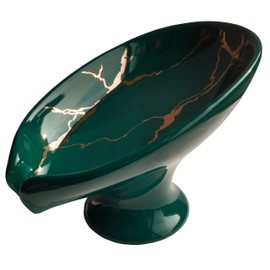 Elegant Marble Grain Ceramic Soap Dish, Leaf Design, Self-Draining, 5 x 3 inches (Green)