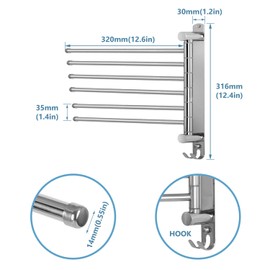JSVER Towel Rail Stainless Steel 180° Rotation Bath Towel Holder with 6 Arms Swivel Arm Towel Rail Wall Mounted with Hooks Bathroom Towel Holders for Bathroom, Kitchen and Wardrobe