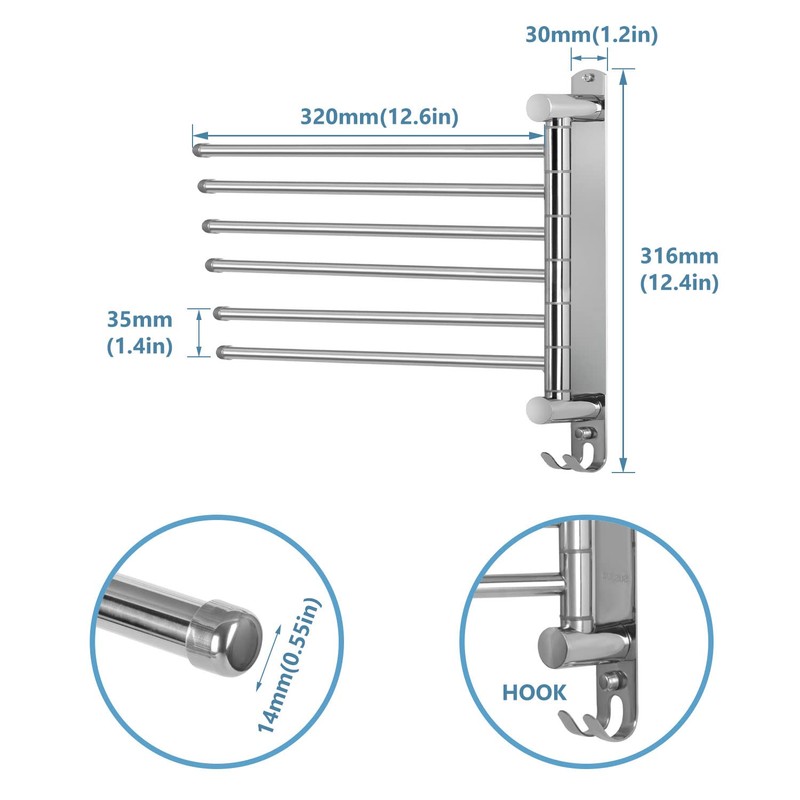JSVER Towel Rail Stainless Steel 180° Rotation Bath Towel Holder