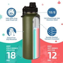 Volhoply 40 oz Insulated Water Bottles Paracord Handle, Stainless Steel Sports Bottle with Spout Lid, Reusable Double Walled Vacuum Metal Travel Thermos with Wide Mouth for Adults (Army Green, 1 Set)