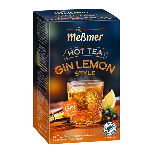 Meßmer Hot Tea Gin Lemon Style | Refined with 6% Real Alcohol | Under 0.5% Vol% in Prepared Tea Infusion | 18 Tea Bags | Gluten Free | Lactose Free | Vegan