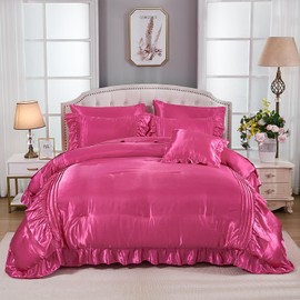Satin Comforter Set 8 Pieces King Comforter with Sheets Hot Pink Satin Bed Set Luxury Bedding Bed in a Bag 1 Comforter 4 Pillowcasas 1 Flat Sheet 1 Fitted Sheet 1 Cushion Cover