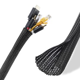 Menetop Cable Storage Sleeve Length Approx. 5M Diameter 13mm Black Braided Cable Cover, DIY Cuttable PET Material Home/Office Cord Organizer, Cable Protector Animal Bite Prevention