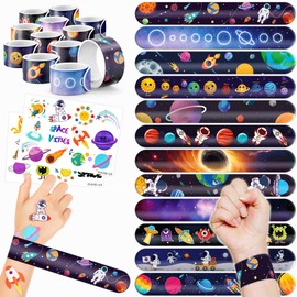 48PCS Space Party Favors 24PCS Tattoos 24PCS Slap Bracelets Wristbands Themed Birthdays Party Supplies Decorations Decor UFO Astronaut Stars Pattern Gifts School Classroom Prize Exchange for Kid Boy