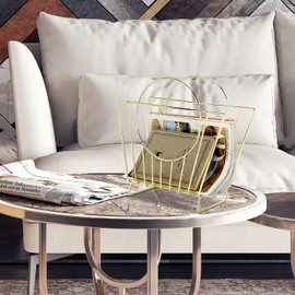 MyGift Mid-Century Brass Plated Metal Free Standing Magazine Holder Document File Rack with Decorative Bag Shaped Design