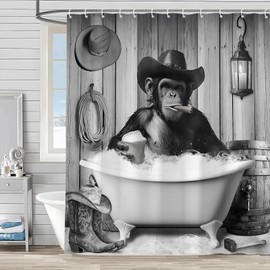 Funny Monkey Shower Curtain Western Cowboy Chimpanzee in Bathtub Black White Animal Wildlife Rustic Farmhouse Wood Board Bathroom Set Boys Men Bath Decor Accessories Home Decor with Hook 70Wx70H Inch