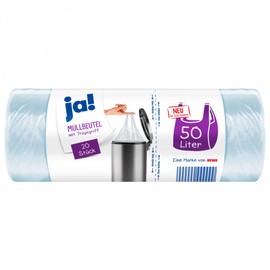 ja! 100 Trash Bags with Carry Handle, 50 Litres, 20 per Roll, Tear Resistant Bottom Seam, Transparent, 5 Rolls