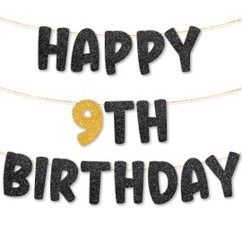 TOYVENTURES 9th Birthday Banner pre strung - NO DIY - Gold Glitter 9th Birthday Decorations for Girl & Boy, Party Banner - Party Decor Sign Funny Party Supplies, Did we mention NO DIY?