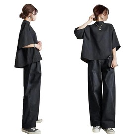 DYIOPMFGZ Women's Blouse + Wide Pants, Pants Suit Setup, Tapered Pants, 2-Piece Set, T-Shirt, Top and Bottom Set, Gaucho Pants, Body Cover, Stylish, Solid, Stylish, Loose, Summer, Black, M
