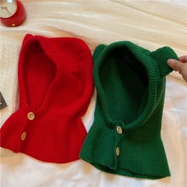 International Elementary School Balaclava - Korean Bear Student Warm Wool Balaclava Hat with Scarf (LF1554, One Size) Dark Khaki Fabric Color 4ea